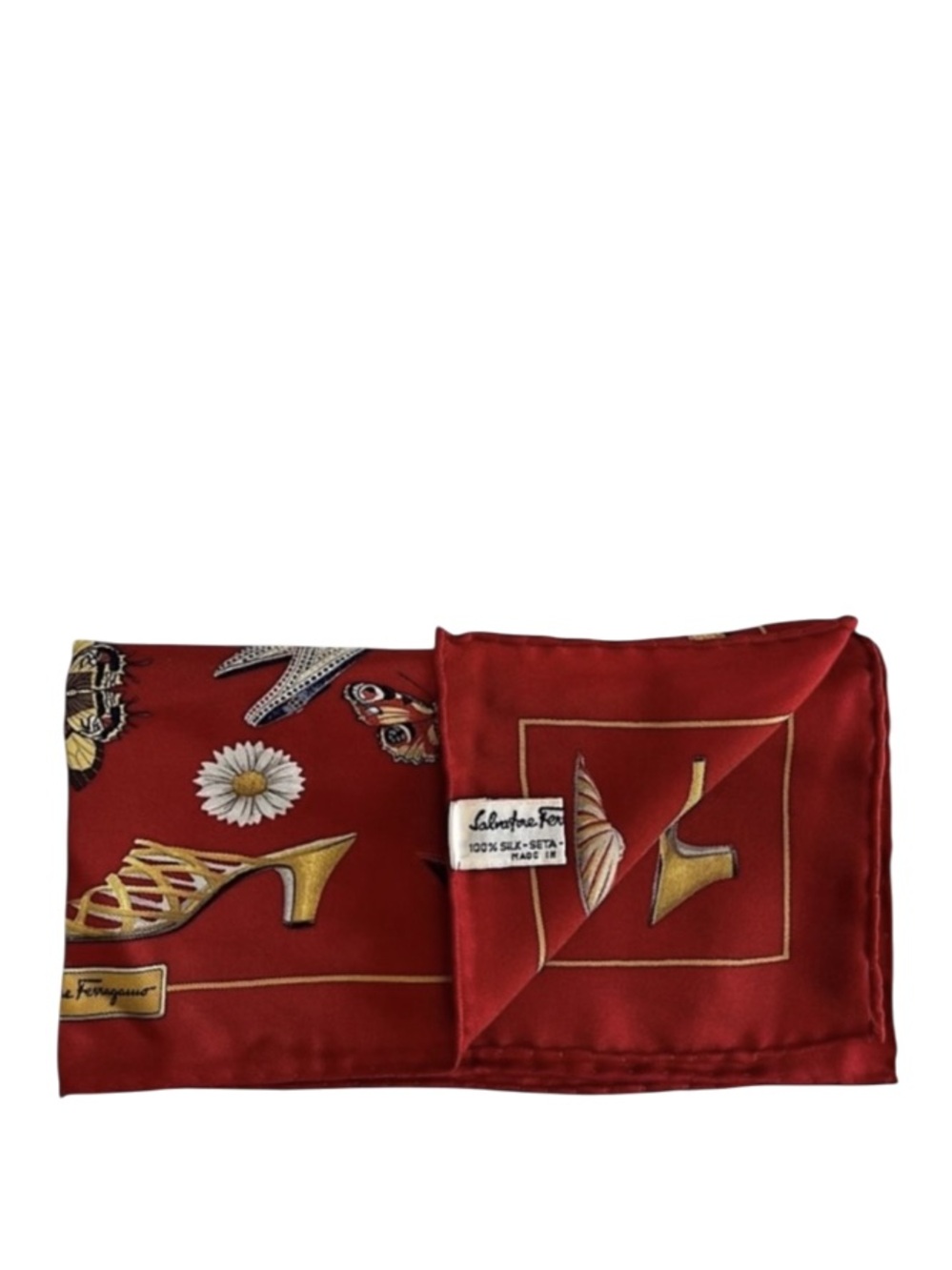 SALVATORE FERRAGAMO - 100% SILK RED SCARF OF HEELS AND BUTTERFLIES